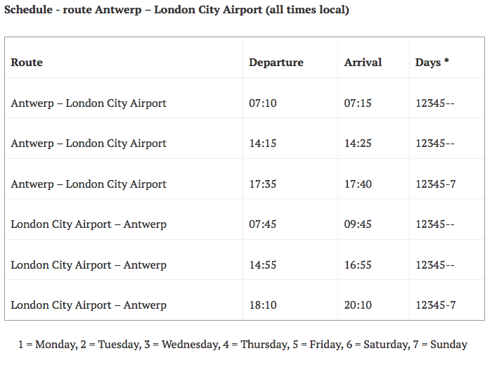 Air Antwerp schedule for the route Antwerp - London City Airport.