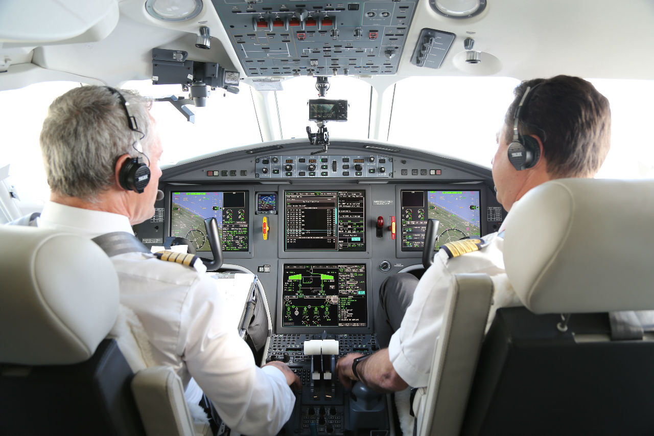 Inside the Falcon 2000 cockpit.