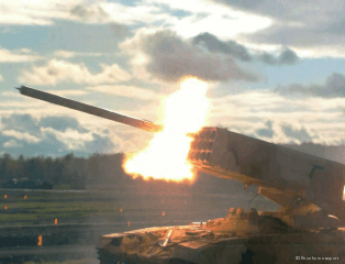 A Russian TOS-1A multiple rocket launcher (MLRS) firing a thermobaric rocket.