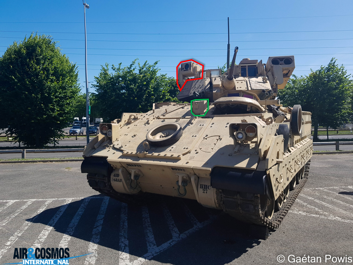 M2A3 Bradley, at Eurosatory 2022, with the infrared driver's camera (green) and the independent commander's camera on the turret (red).