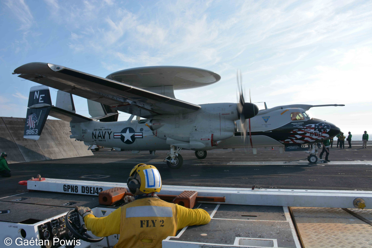 E-2D Advanced Hawkeye ready to be launched from one of the four catapults of the USS Carl Vinson