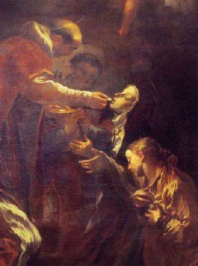 Saint Pierre d'Alcantara donnant la Sainte Communion à Sainte Thérèse d'Avila. Livio Mehus. XVIIe.
