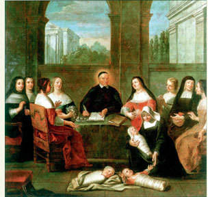 Fille de la Charité prenant soin d’enfants trouvés devant saint Vincent de Paul, la reine Anne d’Autriche, Louise de Marillac et les dames de la Cour Huile sur toile du frère Jean André (1662-1753)