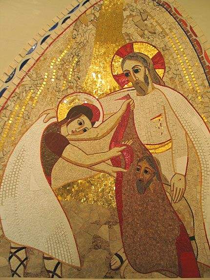 Jésus ressuscité couvre de son manteau St. Martin, qui offre généreusement son manteau au pauvre, semblable au Christ - Église de Saint- Martin - Fonds baptismaux - Italie - 