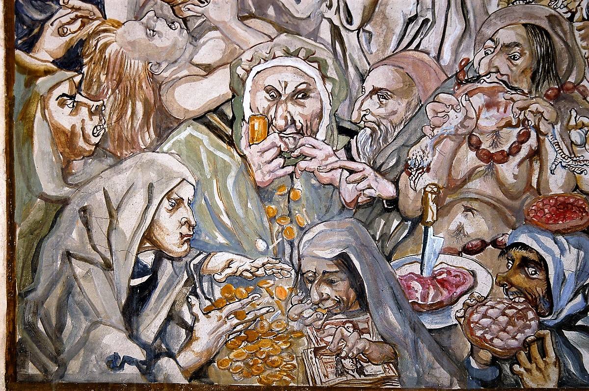 Aie !... Les sept péchés capitaux !.... "Ici, c’est une évocation cruelle et caricaturale des péchés, éloquents échos Pieter Brueghel l’Ancien, célèbre peintre flamand du xvie siècle....