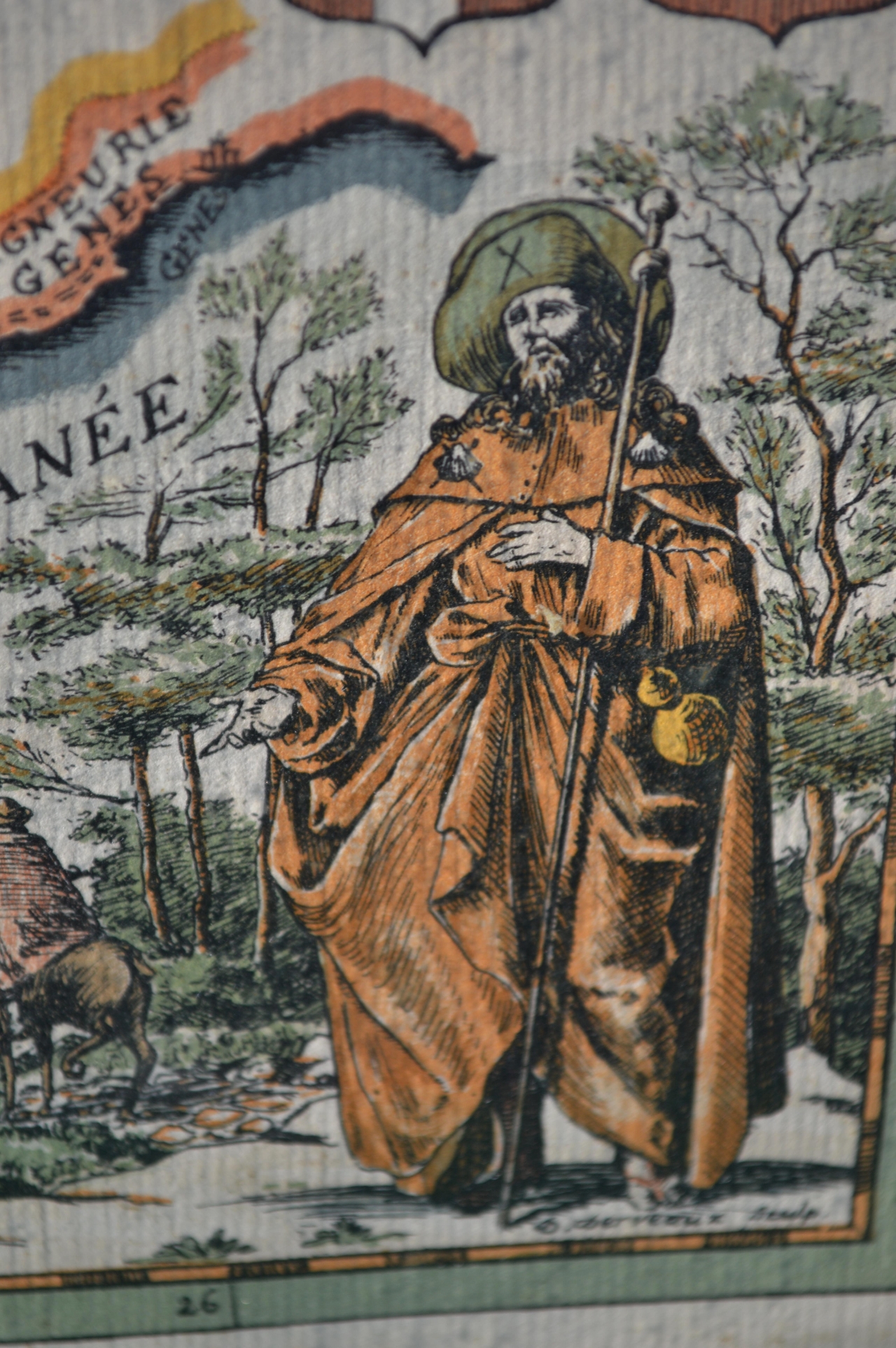 Une figuration de St Jacques en pèlerin. Peut-être St Jacques le Majeur ? Document de 1648