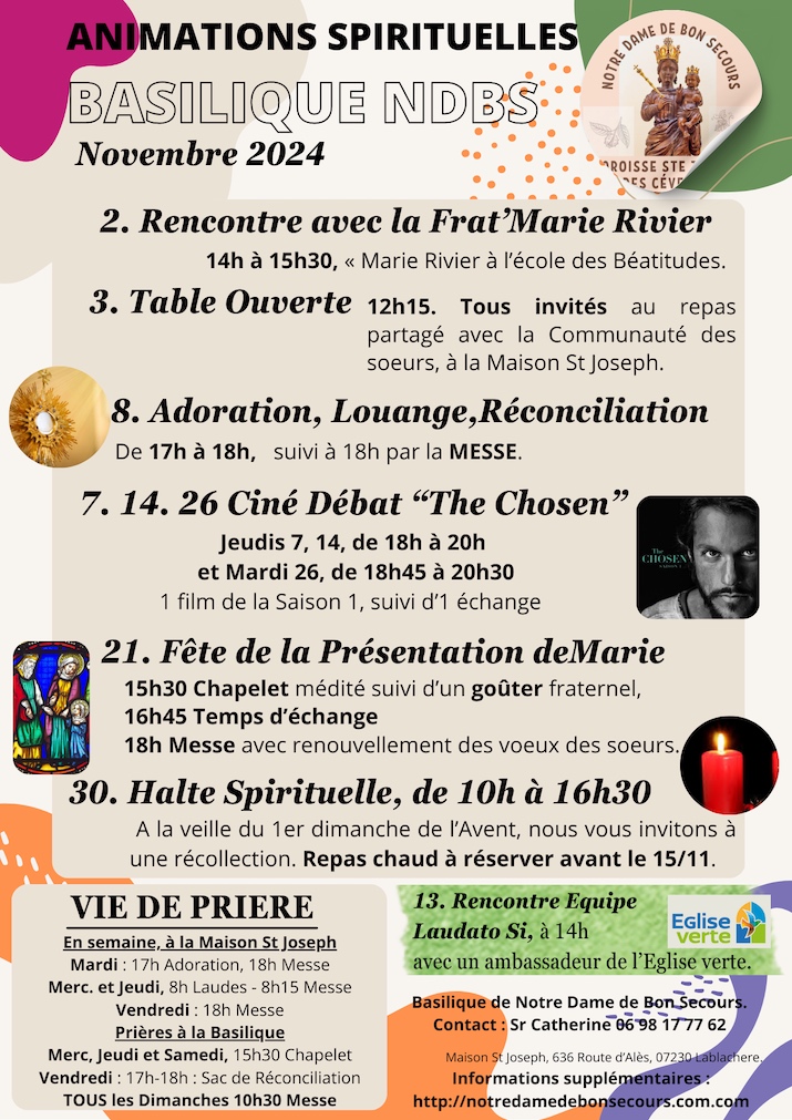 Animations Spirituelles et RDV au Sanctuaire de Notre Dame de Bon Secours, Novembre 2024