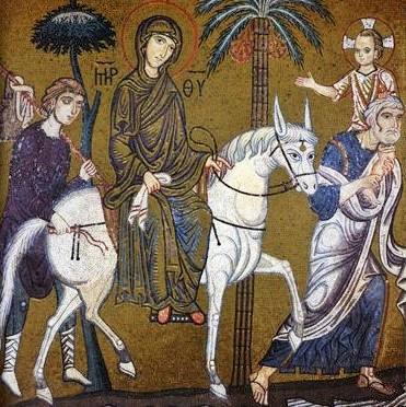 St Joseph porte Jésus au retour d'Egypte,mosaïque,XIIès.,chapelle Palatine,Palerme,Sicile