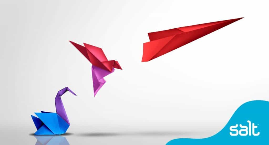 HR digital transformation potential showcased through three origami swans in progressive stages of take off