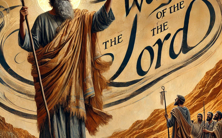 DALL·E 2025-03-26 01.18.35 - An artistic depiction of John the Baptist preaching in the wilderness, with the phrase 'Prepare the Way of the Lord' integrated into the scene in eleg