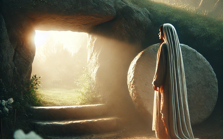 DALL·E 2025-04-13 15.28.09 - A quiet and reflective Resurrection Sunday scene showing Mary Magdalene standing alone at the empty tomb of Jesus. The stone is rolled away, and soft