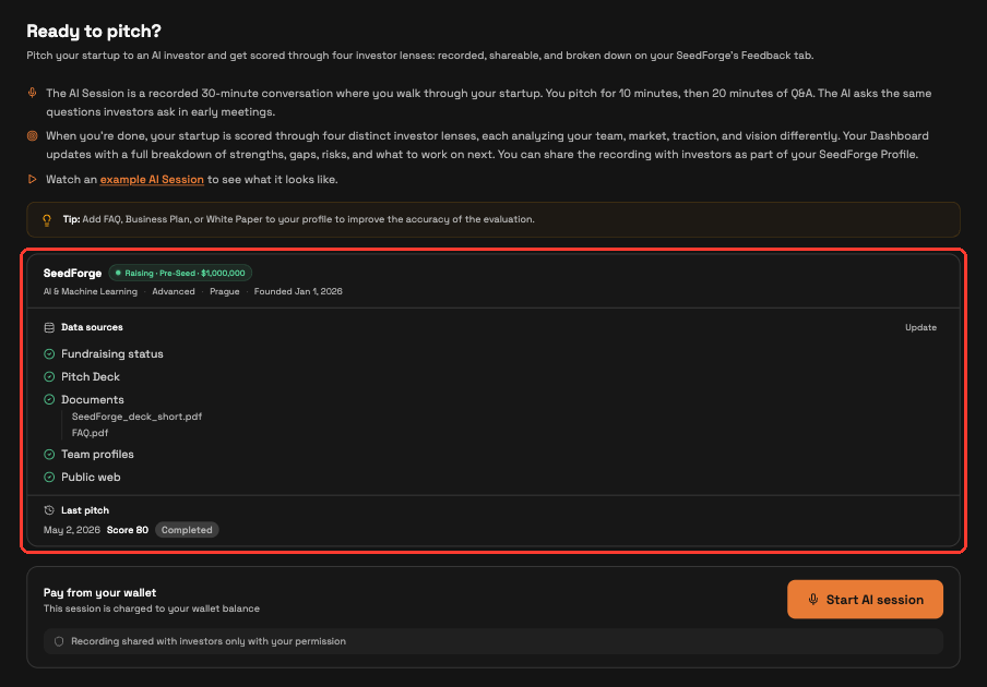 AI Session page with the data sources for your next session and your last session highlighted
