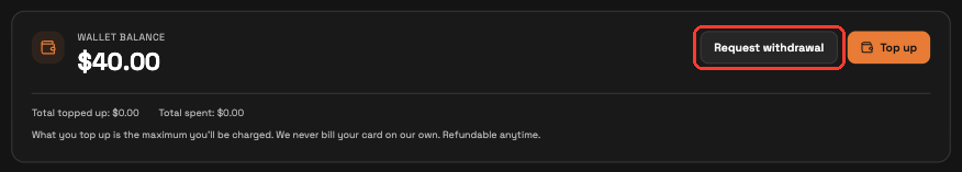 Wallet balance card with the Request withdrawal button highlighted