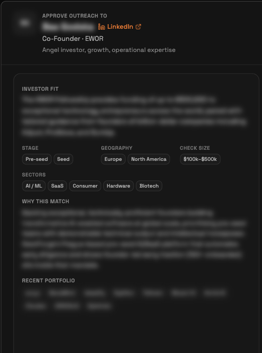 Investor review screen showing the Investor Fit summary, Stage, Geography, Check Size, Sectors and Why this match; names and descriptions blurred
