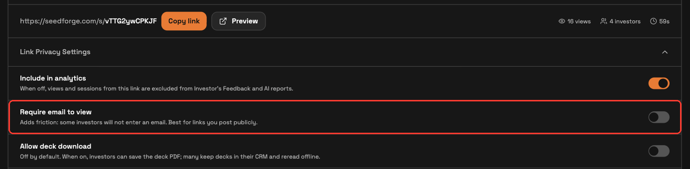 Link Privacy Settings with the Require email to view switch highlighted, shown off