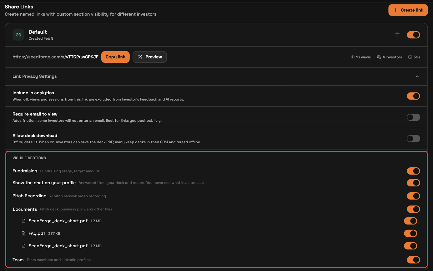 A share link with Link Privacy Settings open and the Visible sections toggles highlighted