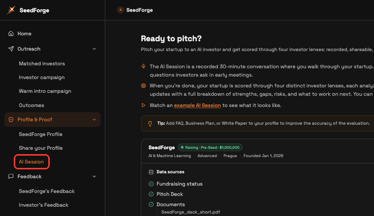 Left menu with Profile & Proof expanded and AI Session highlighted