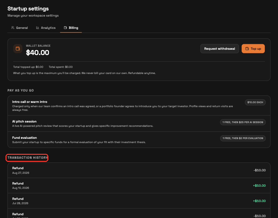 Billing page with the Transaction history heading highlighted, below the wallet card and the Pay as you go list