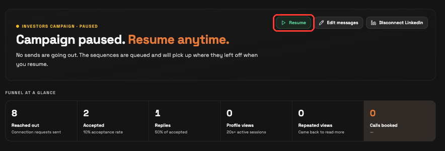 Paused Investor campaign with the Resume button highlighted