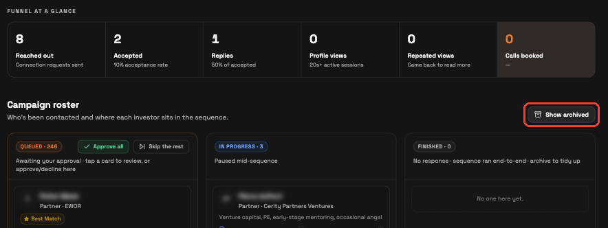 Investor campaign page with the Show archived button highlighted; investor names blurred