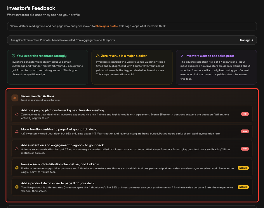 Investor’s Feedback page with Recommended Actions highlighted