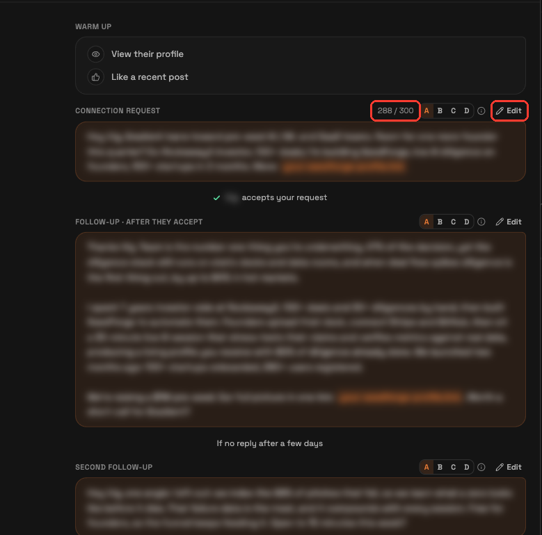 Review your messages window with the character counter and the Edit button highlighted; message text and contact names are blurred
