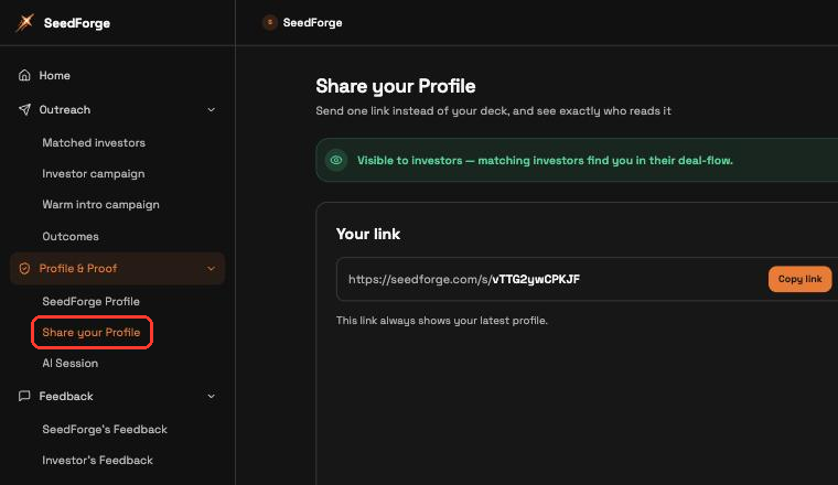 Left menu with Profile & Proof expanded and Share your Profile highlighted
