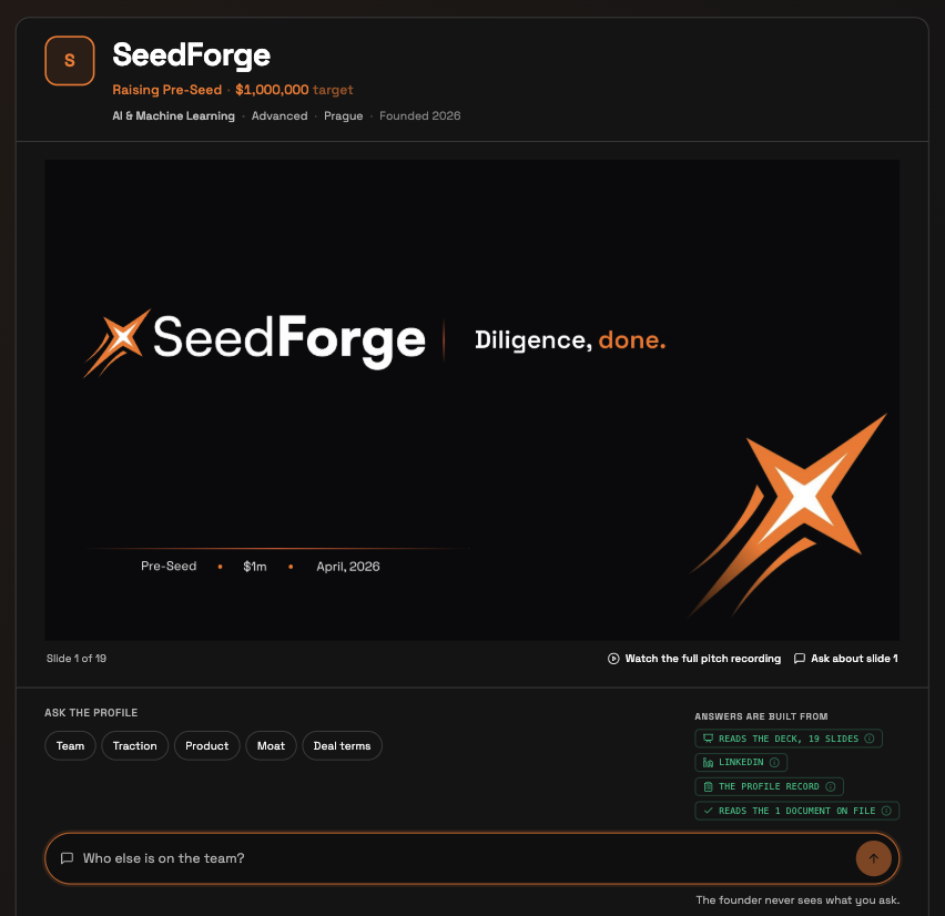 A SeedForge Profile as an investor sees it: company details, the deck open at the top, and Ask the profile