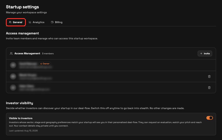 Startup settings open on the General tab, with the General tab highlighted and Investor visibility below; team names blurred