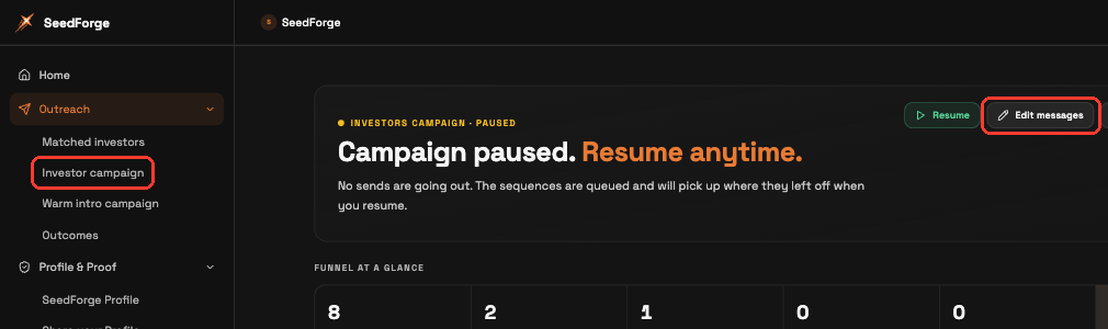 Investor campaign in the left menu and the Edit messages button highlighted