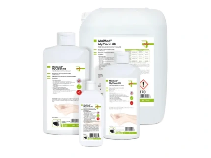 MaiMed Haendedesinfektionsmittel Gruppenbild von 100ml, 500ml, 1 Liter, 5 Liter und 10 Liter Flasche bzw. Kanister