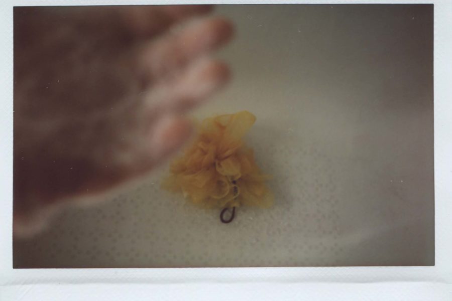 Instax Wide picture taken over a bath, left hand of the artist in the top left corner, out of focus but can see the bubbles. There's an orange body puff in the centre of the image.