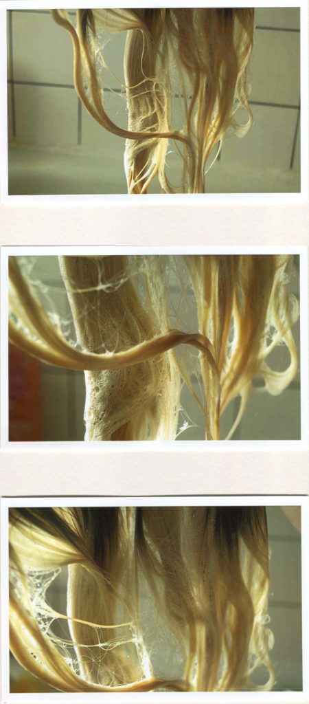 Three horizontal 5x7 prints arranged in a vertical triptych, each showing hair covered in shampoo bubbles