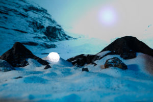 Photograph of an other-worldy snowy scene with glowing orbs