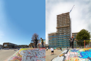Two photographs of stockwell skatepark taken 1500 days apart showing the erection of luxury tower block