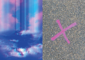 Image with distorted clouds in a blue sky to the left and a spray painted pink X on a road surface to the right