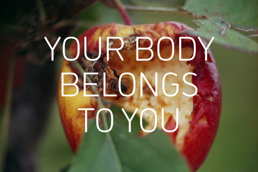 Graphic with an image of an apple being eaten by a bee, and the words 'YOUR BODY BELONGS TO YOU' in white in the centre