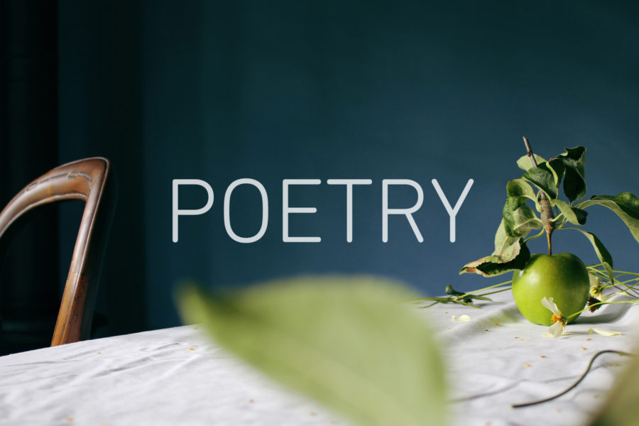 Image of a green apple on a white table cloth to the right, a wooden chair back to the left, and the word 'POETRY' in the centre