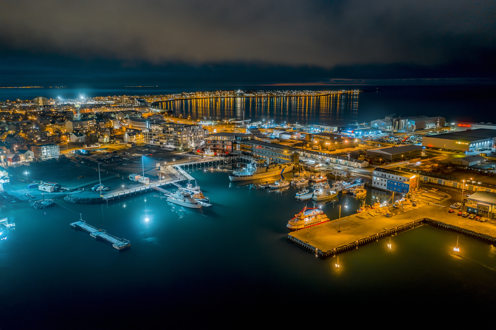 Aerial view of Reykjavík Old Harbour near the downtown walking area around Arnarhóll.