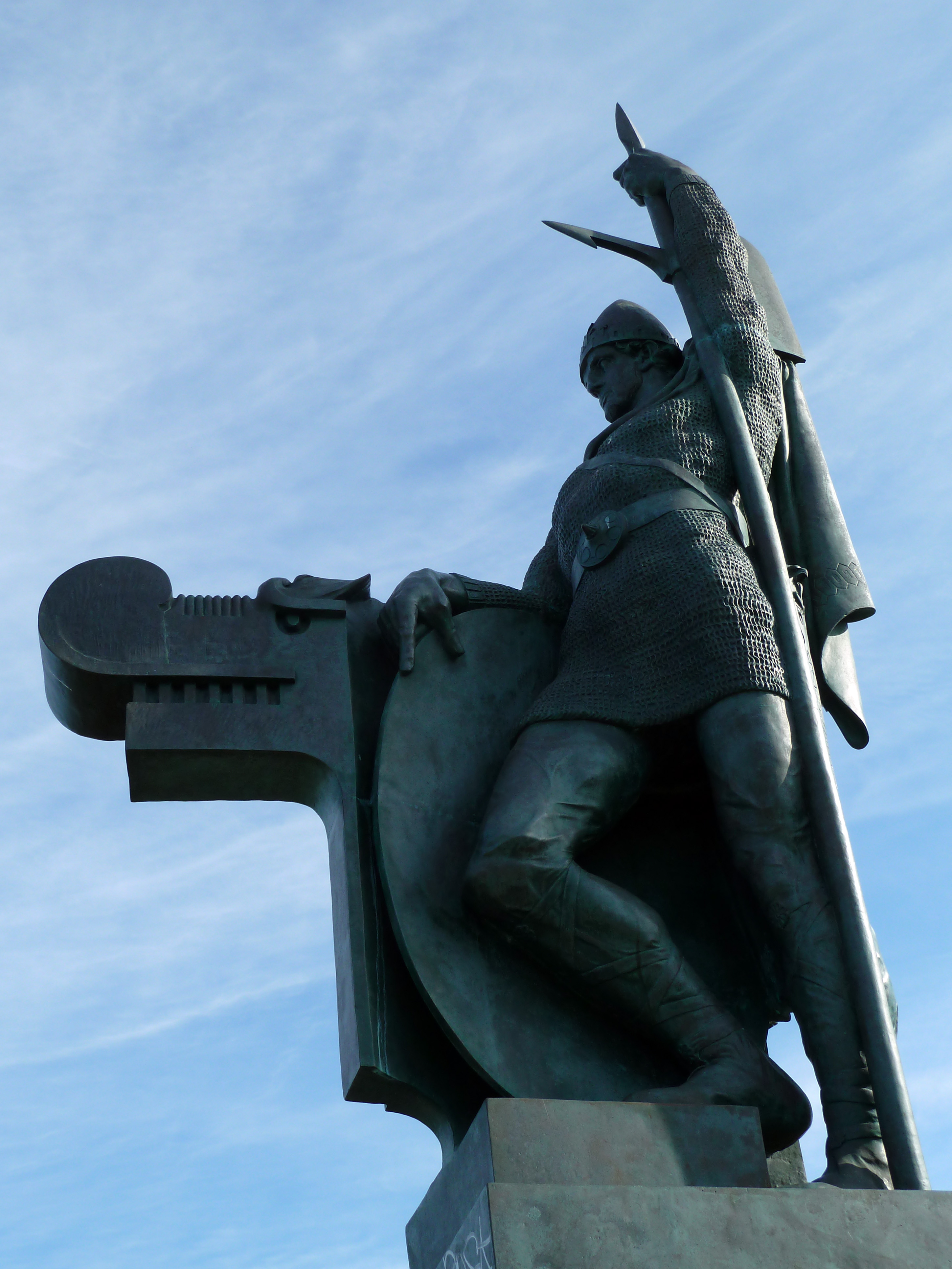 Close view of the Ingólfur Arnarson statue on Arnarhóll in Reykjavík.