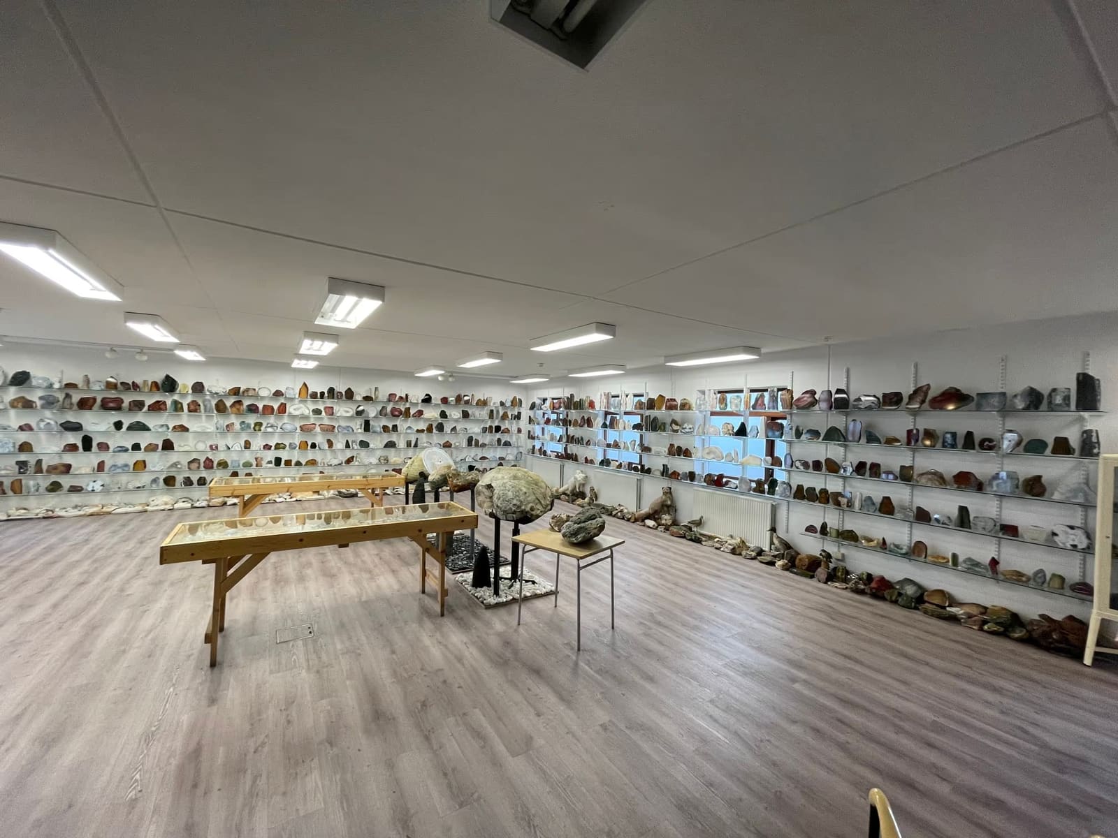 Polished stone and mineral displays inside Audunn's Mineral Collection in Djúpivogur.