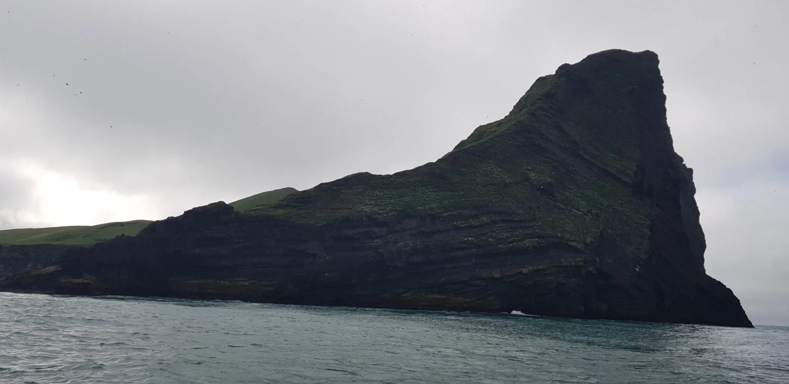 A rib boat cuts past the dark volcanic cliffs of the Westman Islands on a coastal outing.