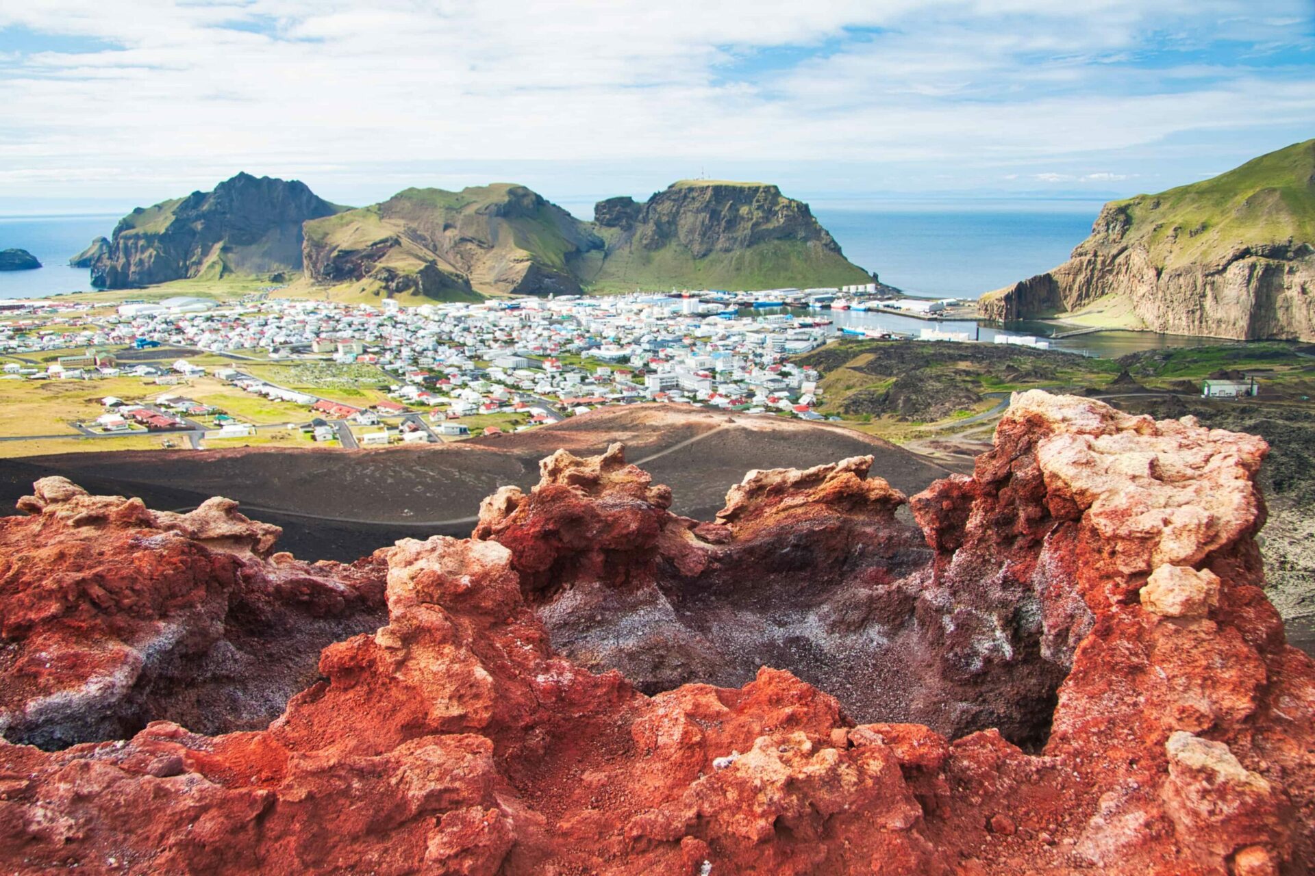 Heimaey and the Westman Islands sit in a compact volcanic landscape above the sea.
