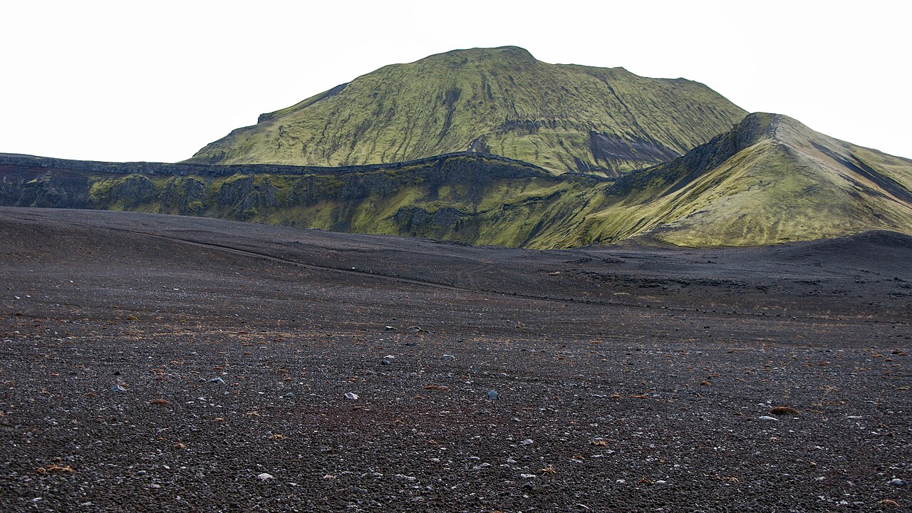 Dark highland slope and rim terrain near Hnausapollur crater by the F208 route.