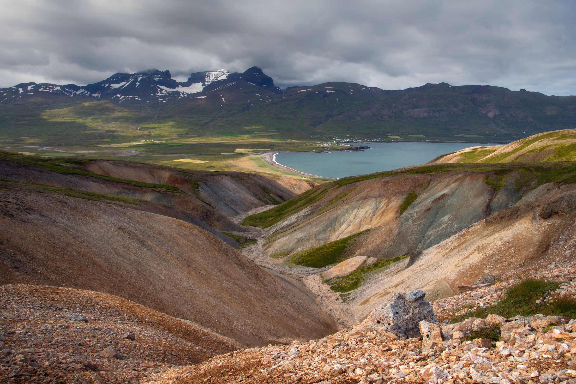 Rocky Álfaborg area and village fields in Borgarfjörður Eystri.