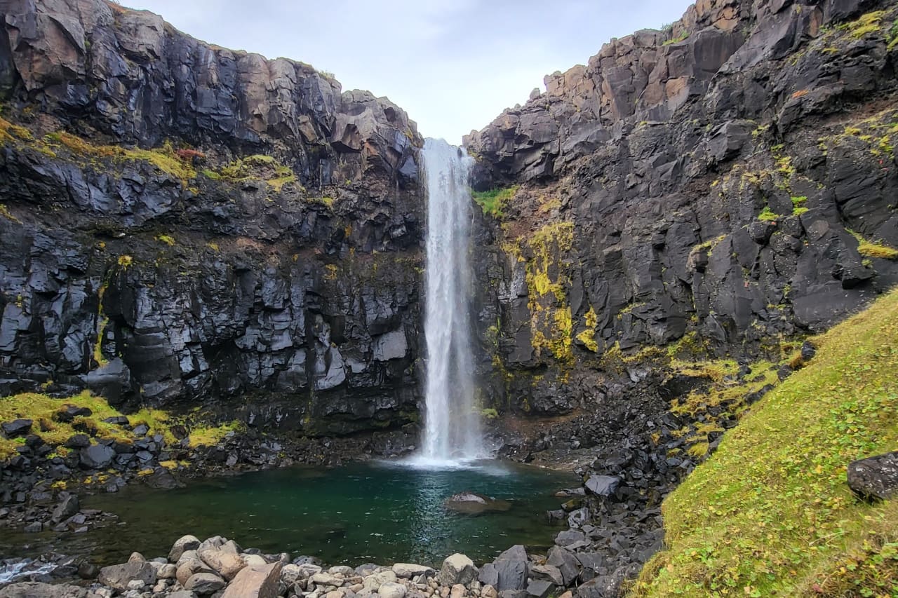 Official Visit Austurland view of Budara Canyon and Waterfall in Reyðarfjörður.