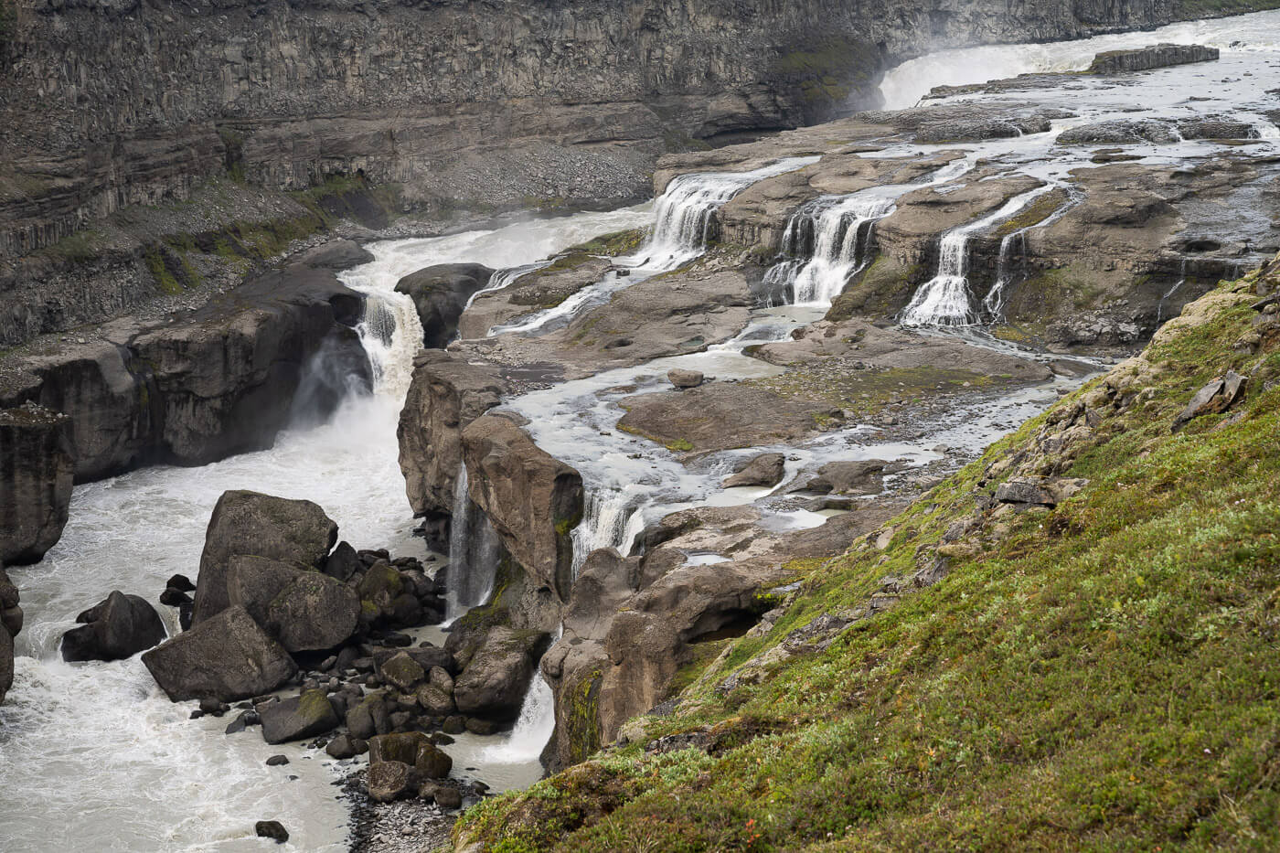 Close view of Dynkur's tiered falls spreading across rock shelves in Þjórsá.