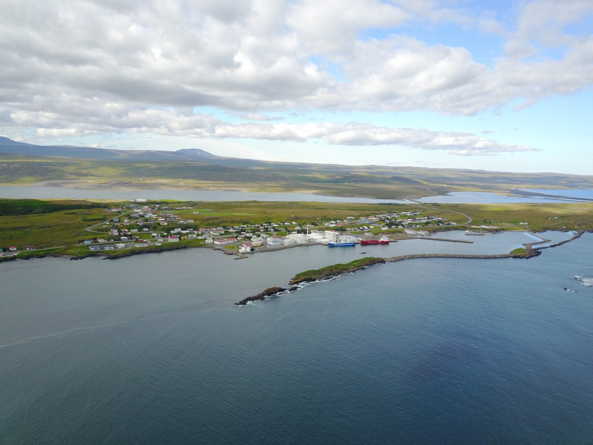 Aerial view of Vopnafjörður, the main town pairing for Bustarfell Museum.