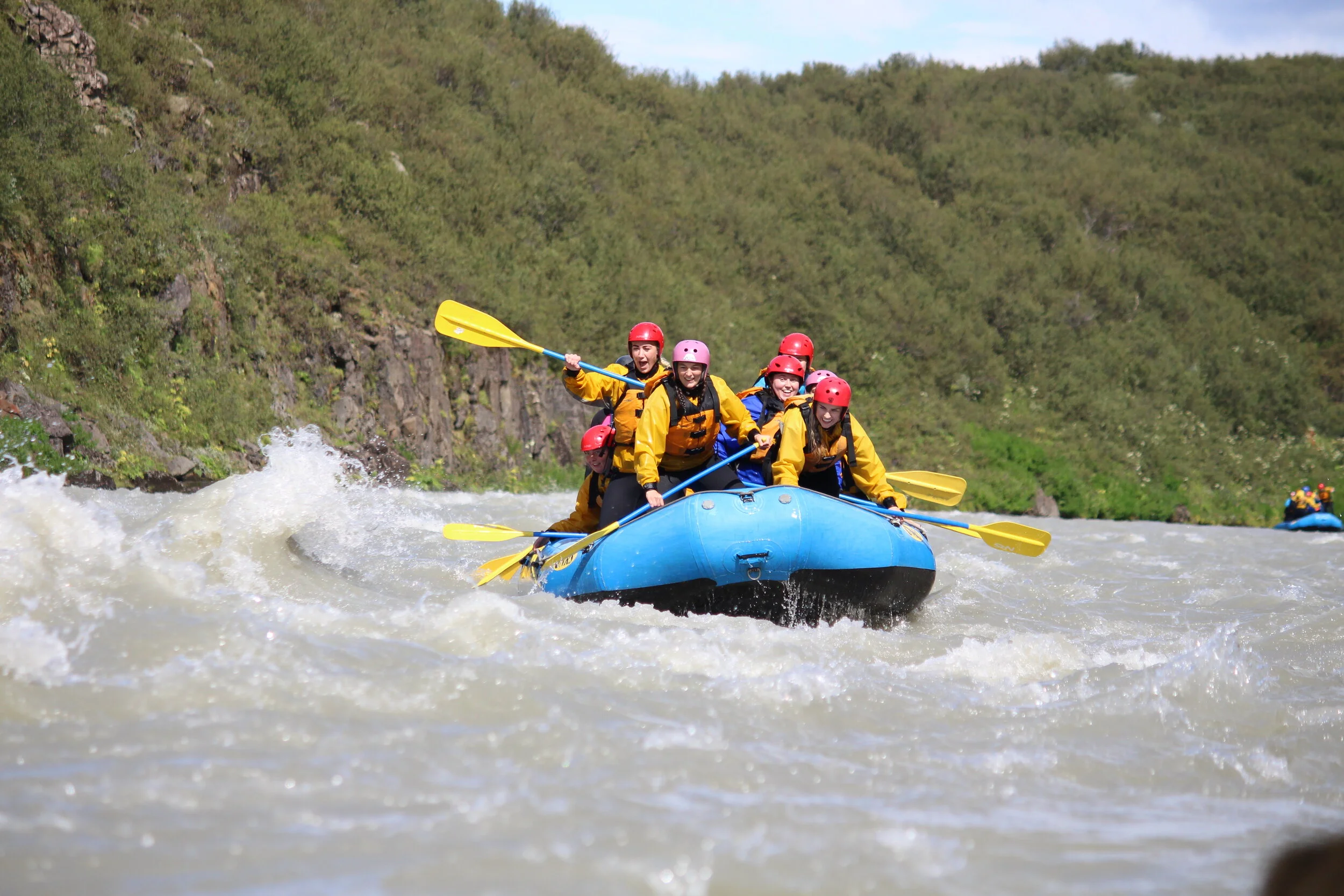 Guided rafting group preparing for a Hvítá river trip from Drumbó.
