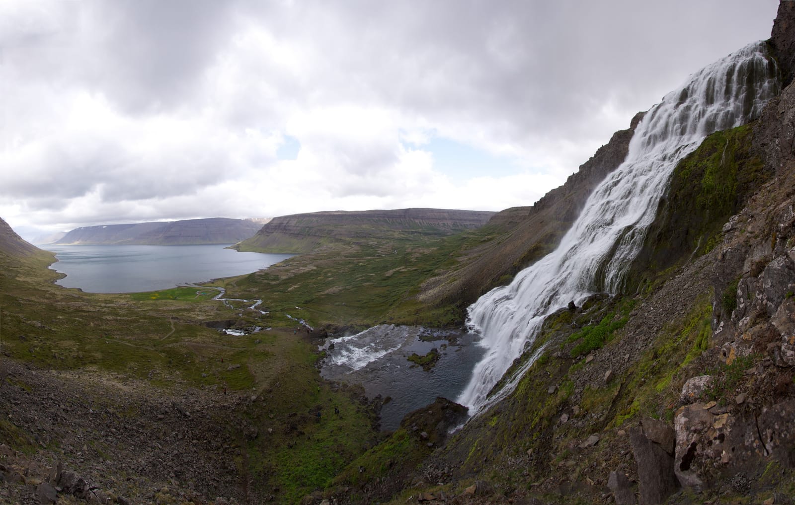 Side view from beside Dynjandi waterfall looking across the surrounding Westfjords valley.